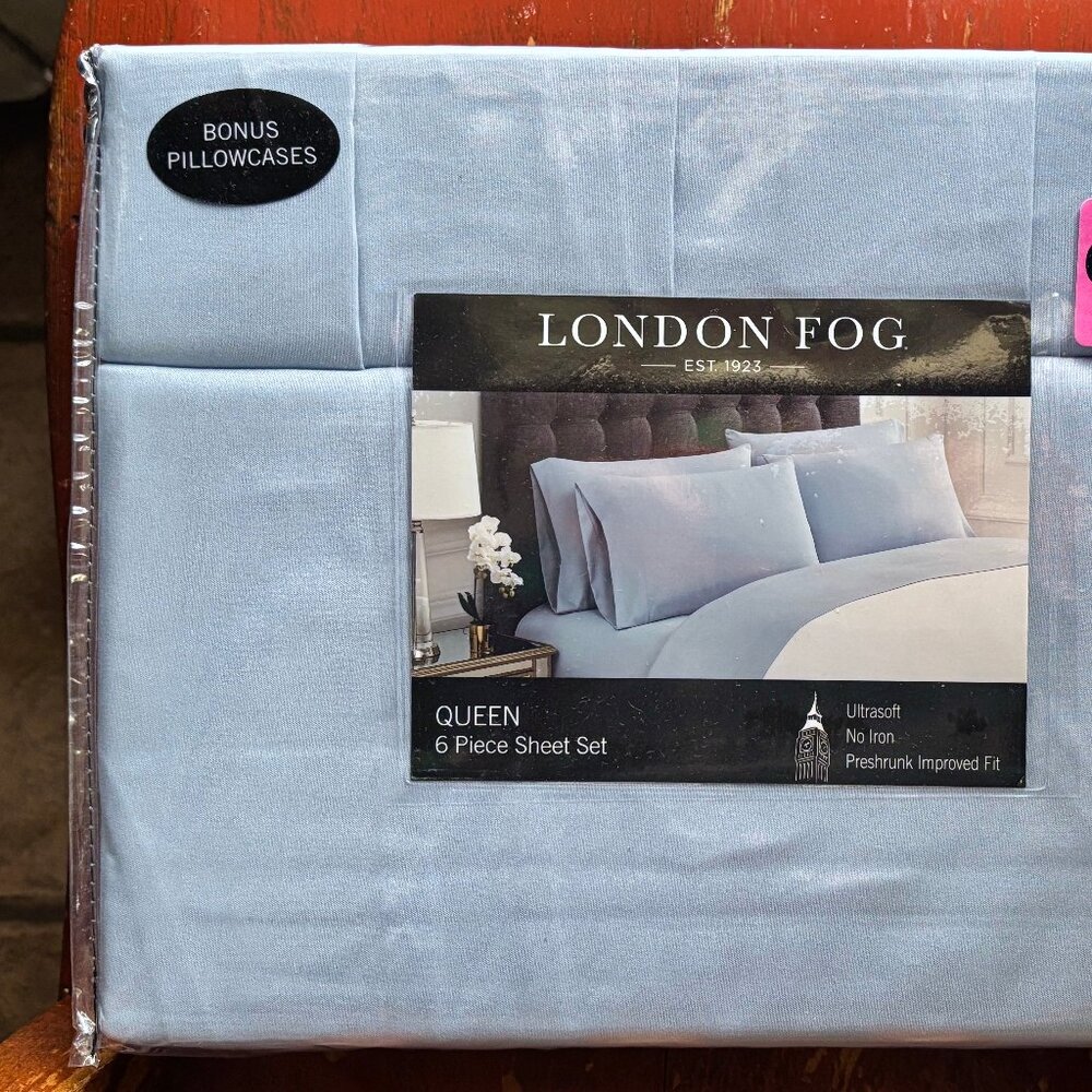 6-pc London Fog QUEEN SIZE Plaid Sheet Set  Sky Blue   (2 extra pillowcases)